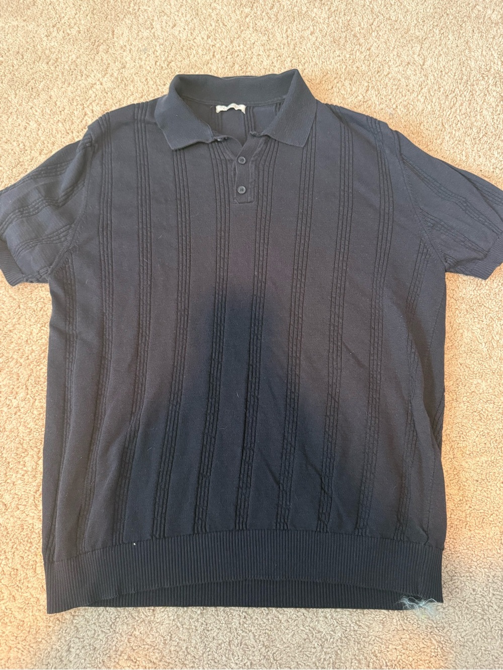 Zara Men's Navy Short-Sleeve Polo with Textured Vertical Stripes